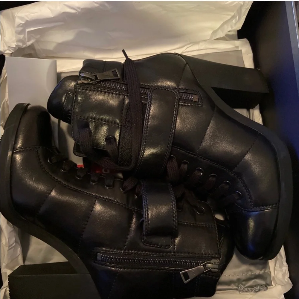 Prada Black Leather High-Heel Lace-Up Ankle Boot with Strap - Picture 6 of 7